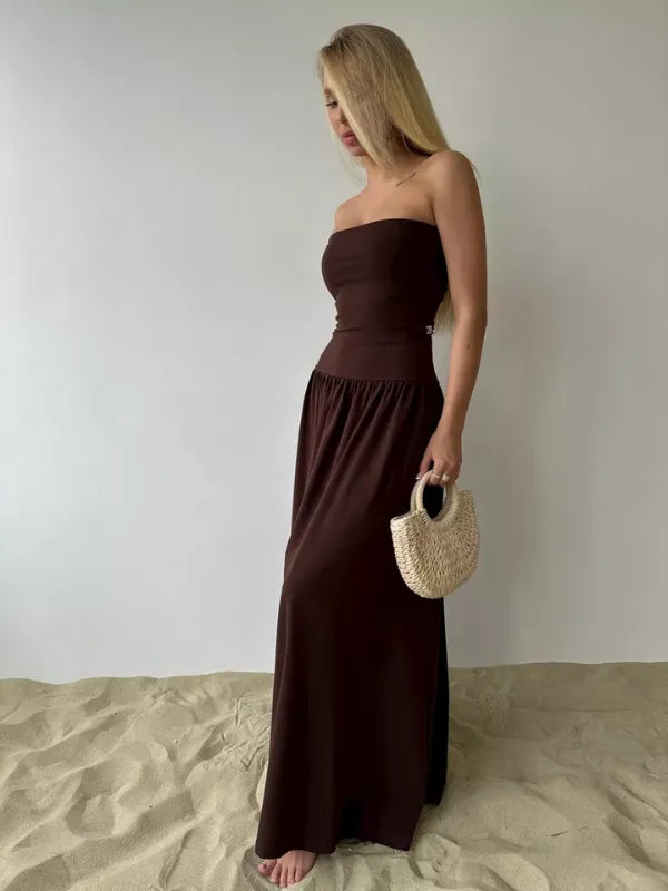 Vestido Longo Tomara que Caia Detalhe Franzido Marrom Chocolate Hellen