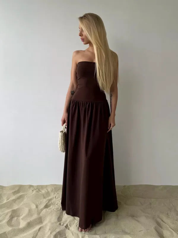 Vestido Longo Tomara que Caia Detalhe Franzido Marrom Chocolate Hellen