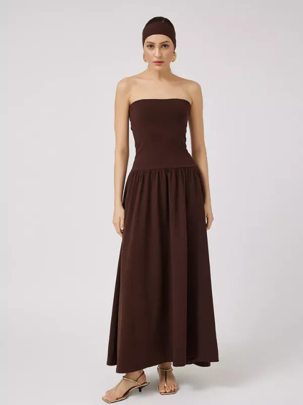 Vestido Longo Tomara que Caia Detalhe Franzido Marrom Chocolate Hellen