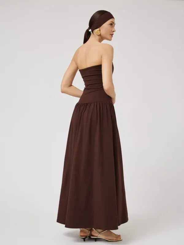 Vestido Longo Tomara que Caia Detalhe Franzido Marrom Chocolate Hellen