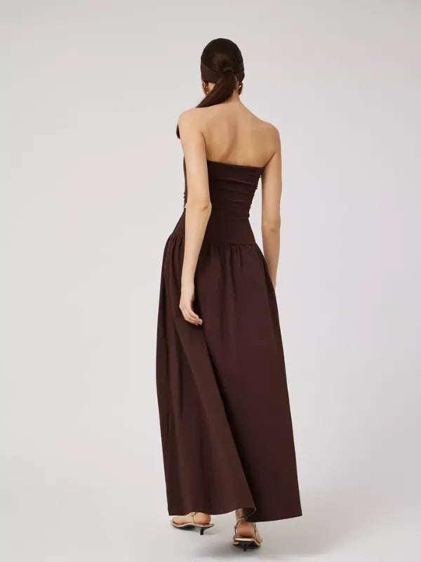 Vestido Longo Tomara que Caia Detalhe Franzido Marrom Chocolate Hellen