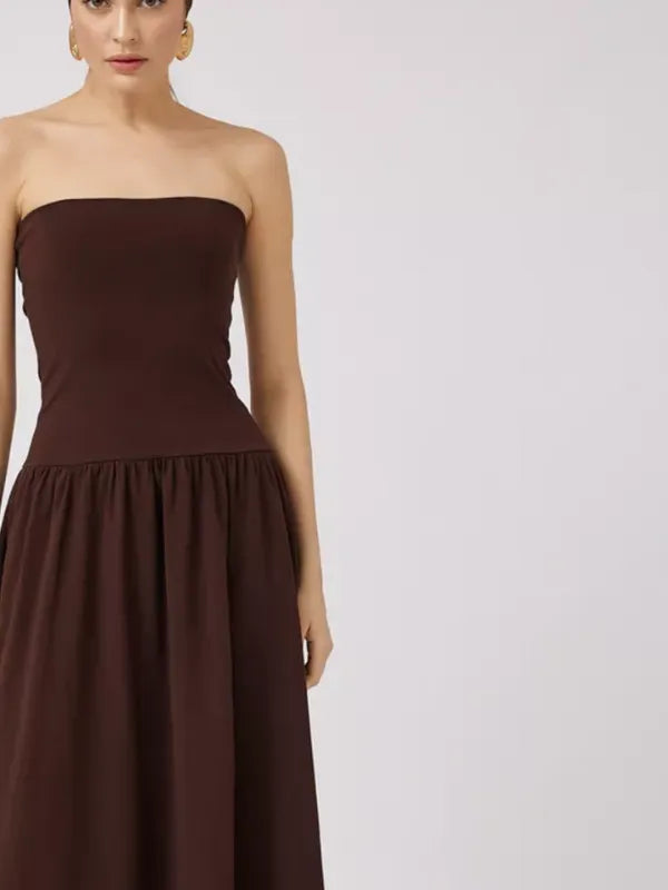 Vestido Longo Tomara que Caia Detalhe Franzido Marrom Chocolate Hellen